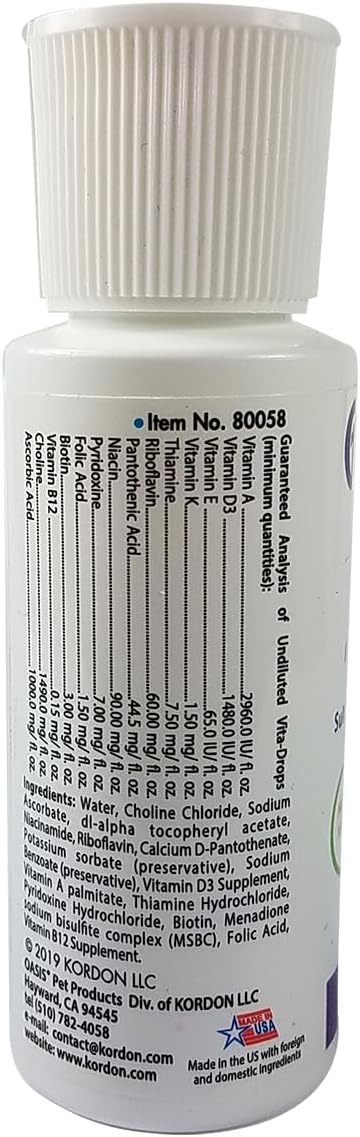 Oasis daily high potency water soluble bird vitamin supplement back label showing information