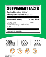 BulkSupplements rosemary leaf extract supplement nutrition facts and ingredient label.