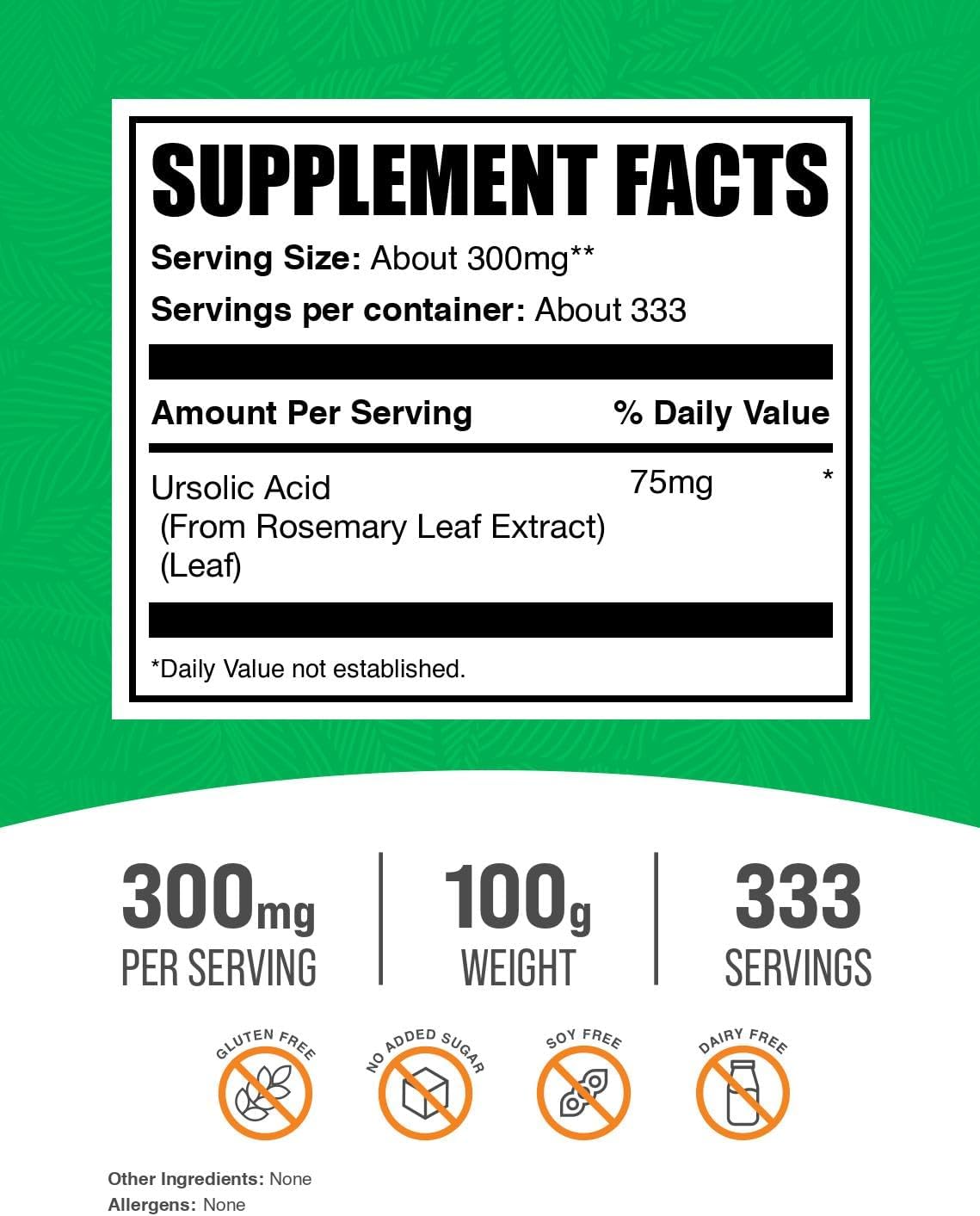 BulkSupplements rosemary leaf extract supplement nutrition facts and ingredient label.