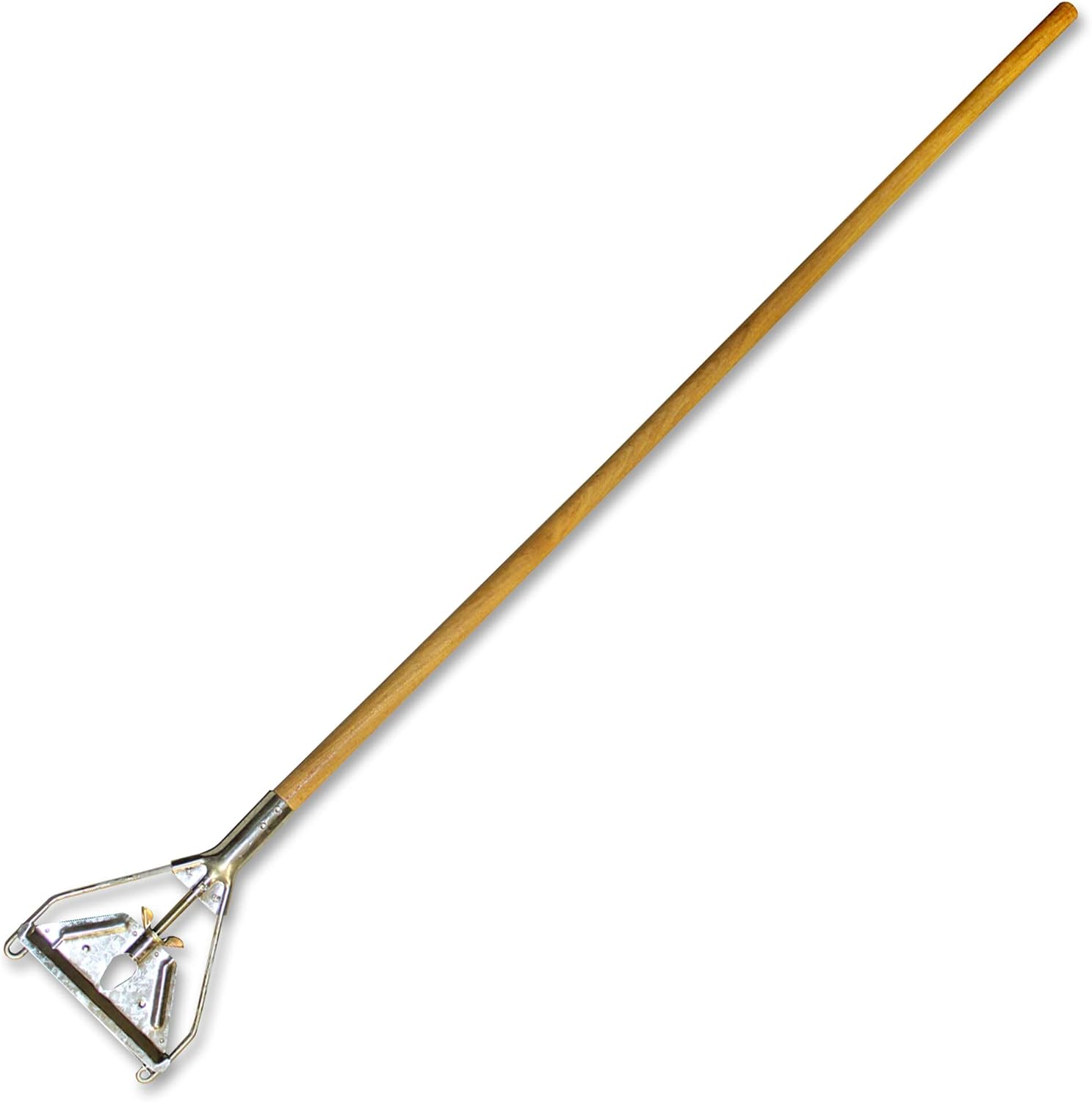 Genuine Joe Quick Change Mop Handle front view showing the heavy duty metal head and natural wood pole.