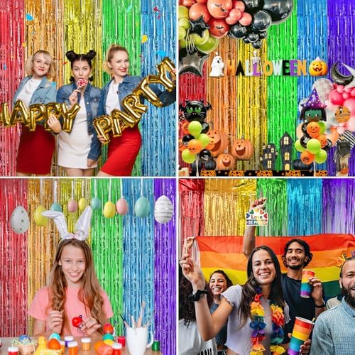 Self adhesive backing strip demonstration on the premium rainbow party streamer backdrop