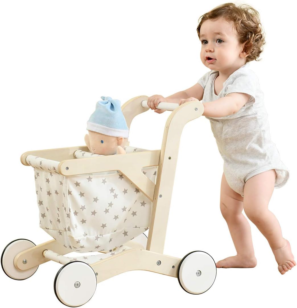 Labebe Baby Push Walker Doll Stroller front view of wooden shopping cart wagon for toddlers.