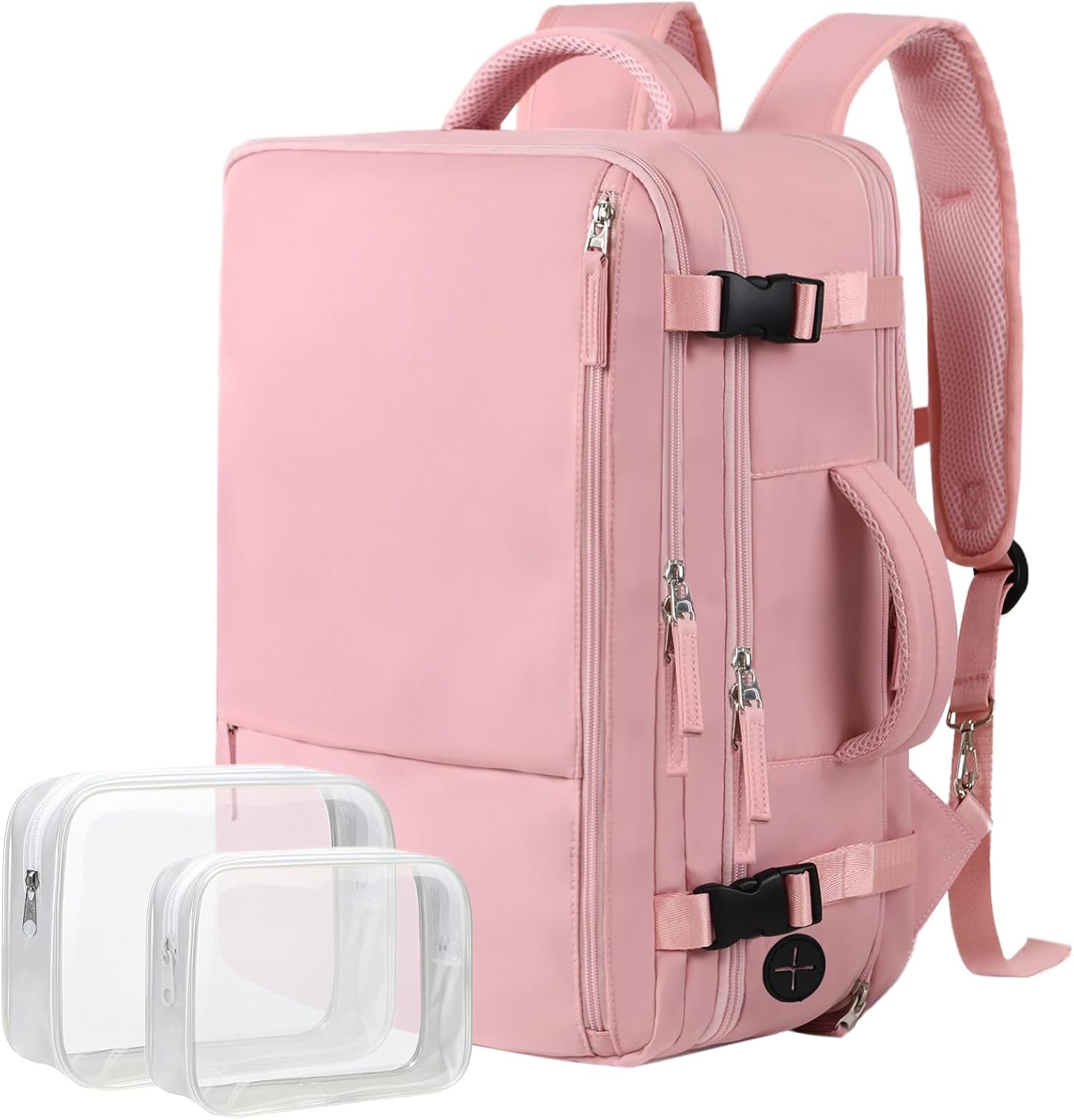 Hanples travel backpack for women front view in pastel pink color showcasing premium waterproof fabric