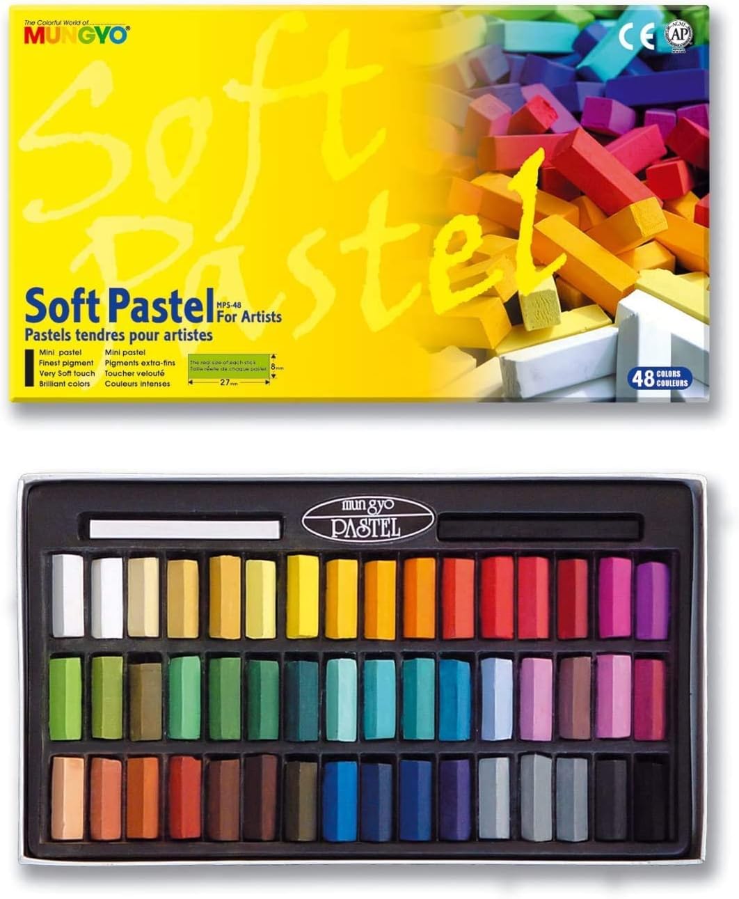 Mungyo square chalk soft pastel assorted colors packaging and sticks layout