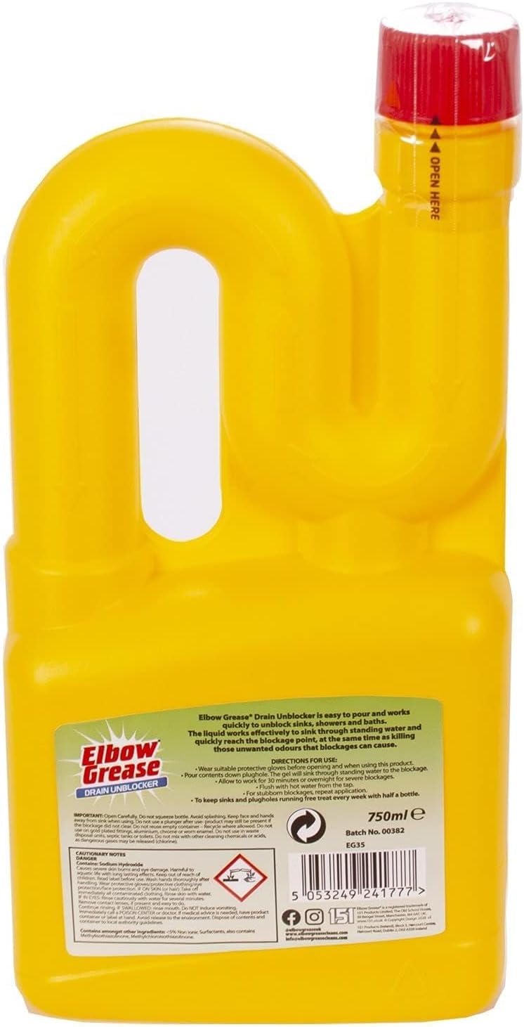 Elbow Grease drain unblocker back label instructions 750ml