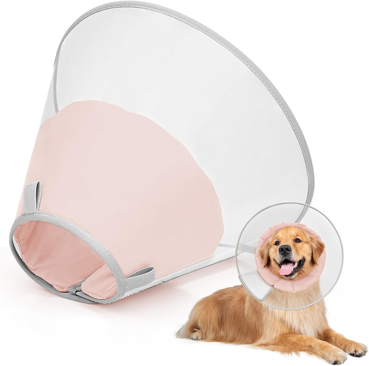 Transparent Joypig pet recovery cone on a wooden background