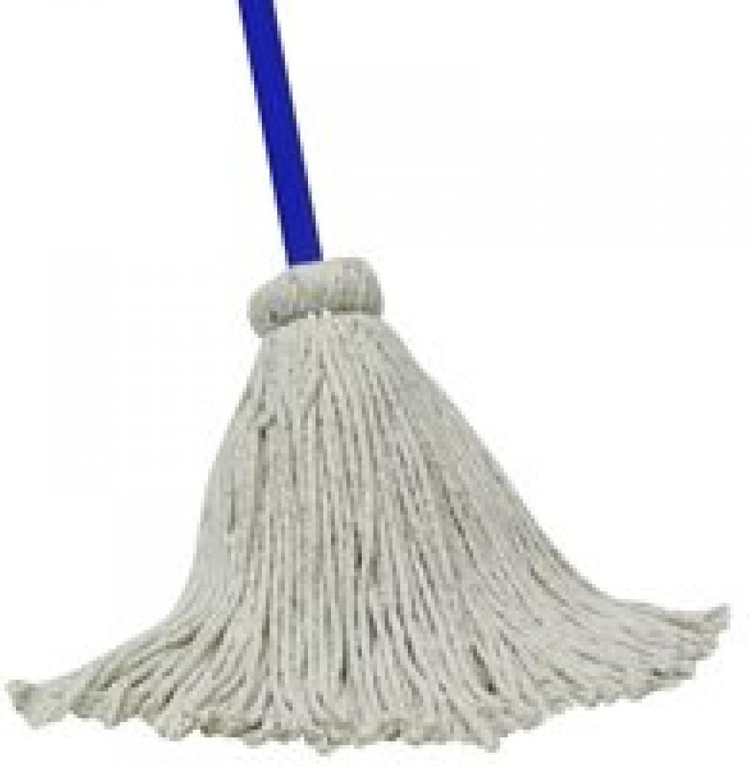 Quickie Original Cotton Deck Mop with forty eight inch blue steel handle front view for residential floor cleaning.