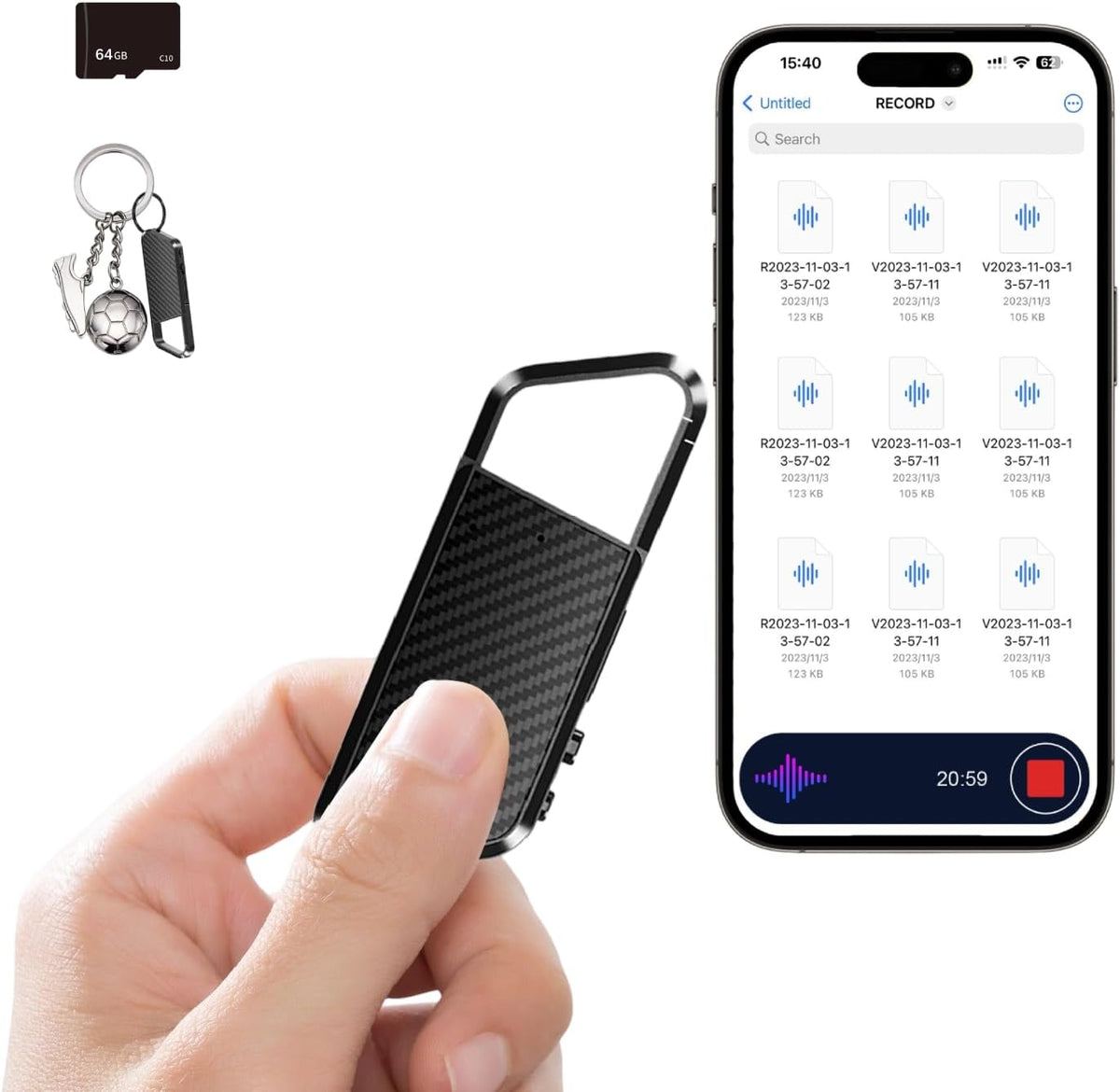 NekSide 64GB voice activated digital audio recorder front view showing sleek carbon fiber texture