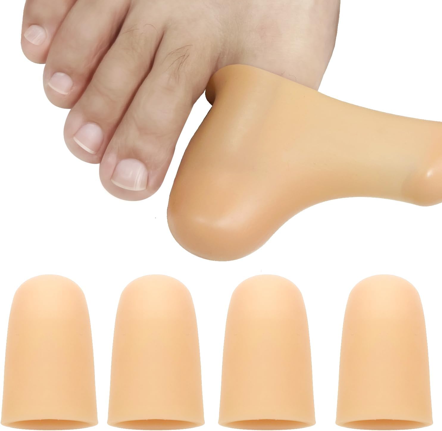 4 Pack Gel Toe Cap and Protector for Big Toe - Cushions and Protects, Toe Covers for Women & Men, Provides Relief from Missing or Ingrown Toenails, Corns, Blisters, Hammer Toes (Large, Beige) - Image 1