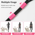 Adjustable two dog belt attached to pink training harnesses