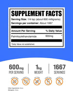 BulkSupplements.com PEA powder label details showing 600mg serving size