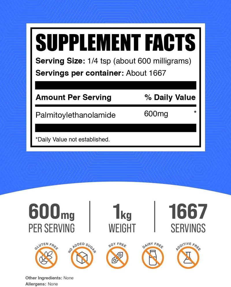 BulkSupplements.com PEA powder label details showing 600mg serving size