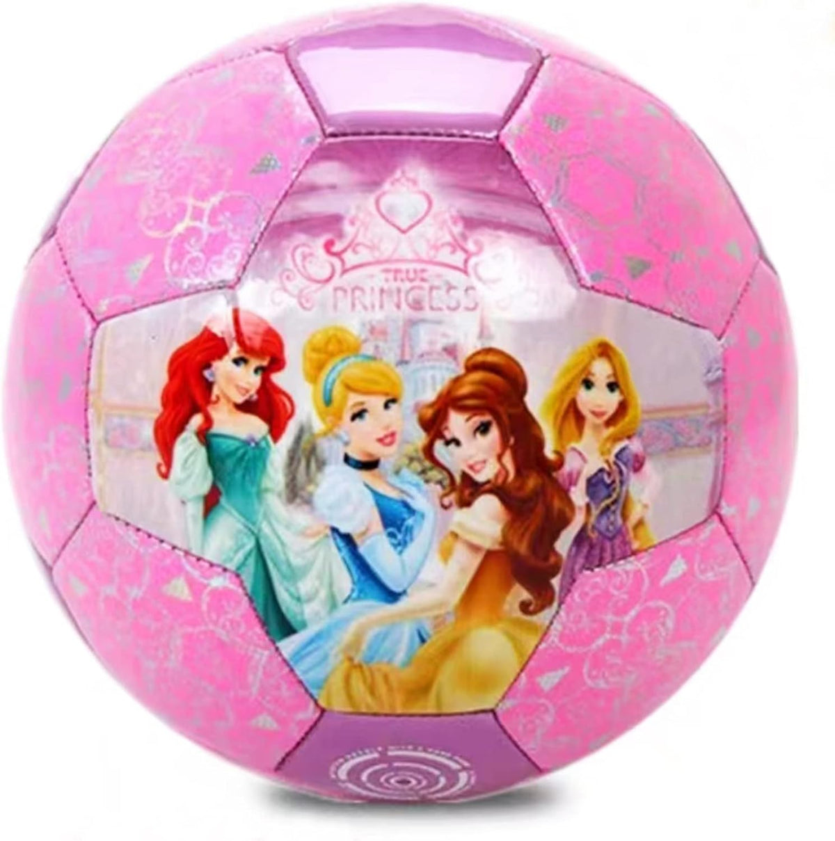 DECLIR cartoon mini soccer ball front view showing pink princess graphics and premium polyurethane texture.
