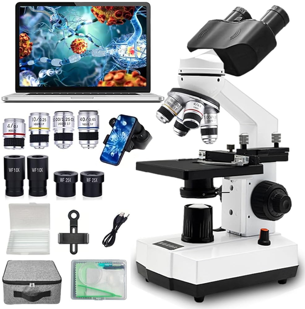 Generic biocular compound microscope front view showcasing the four objective lenses and sturdy metal base.