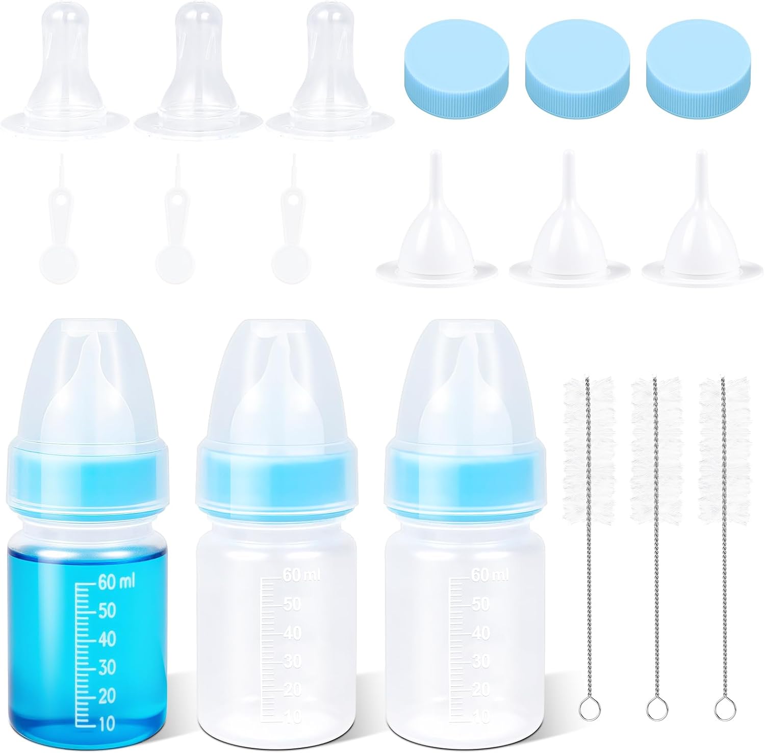 ASEVAT pet nursing bottle kit front view showing three premium bottles and silicone nipples for newborn animals