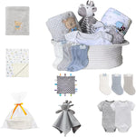 CREVENT baby welcome gift set front view showcasing the cotton rope diaper caddy basket filled with premium blankets and toys.