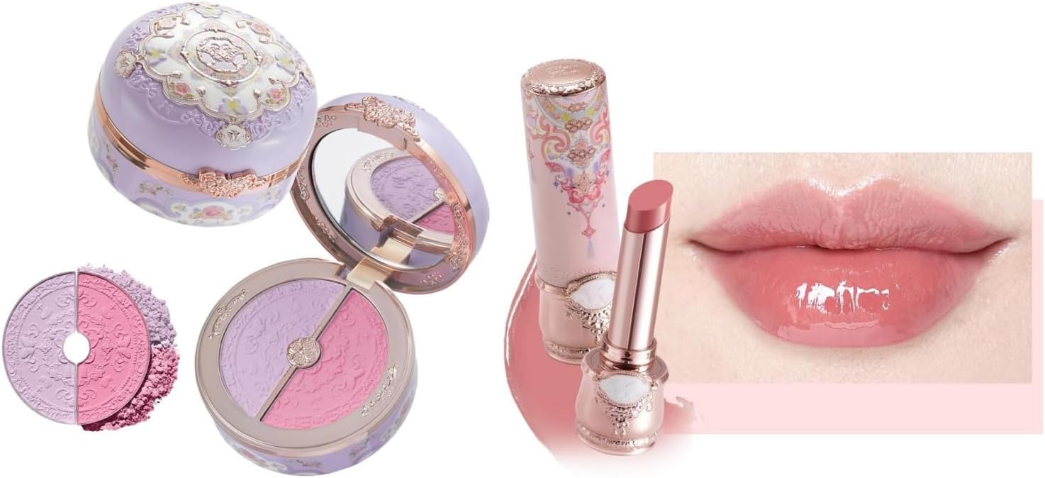 Flower Knows Butterfly Cloud Collar Rouge Box Highlighting & Blush Duo Powder and Glossy Lipstick Set,Tone Matte for Cheeks Bulidable,Soft Tinted Lip Gloss Balm(04 Fluttering Romance+C06 Cardamom) - Image 1