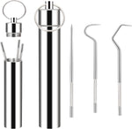 Anglecai Metal Toothpicks Kit front view showing silver keychain holder and three picks.
