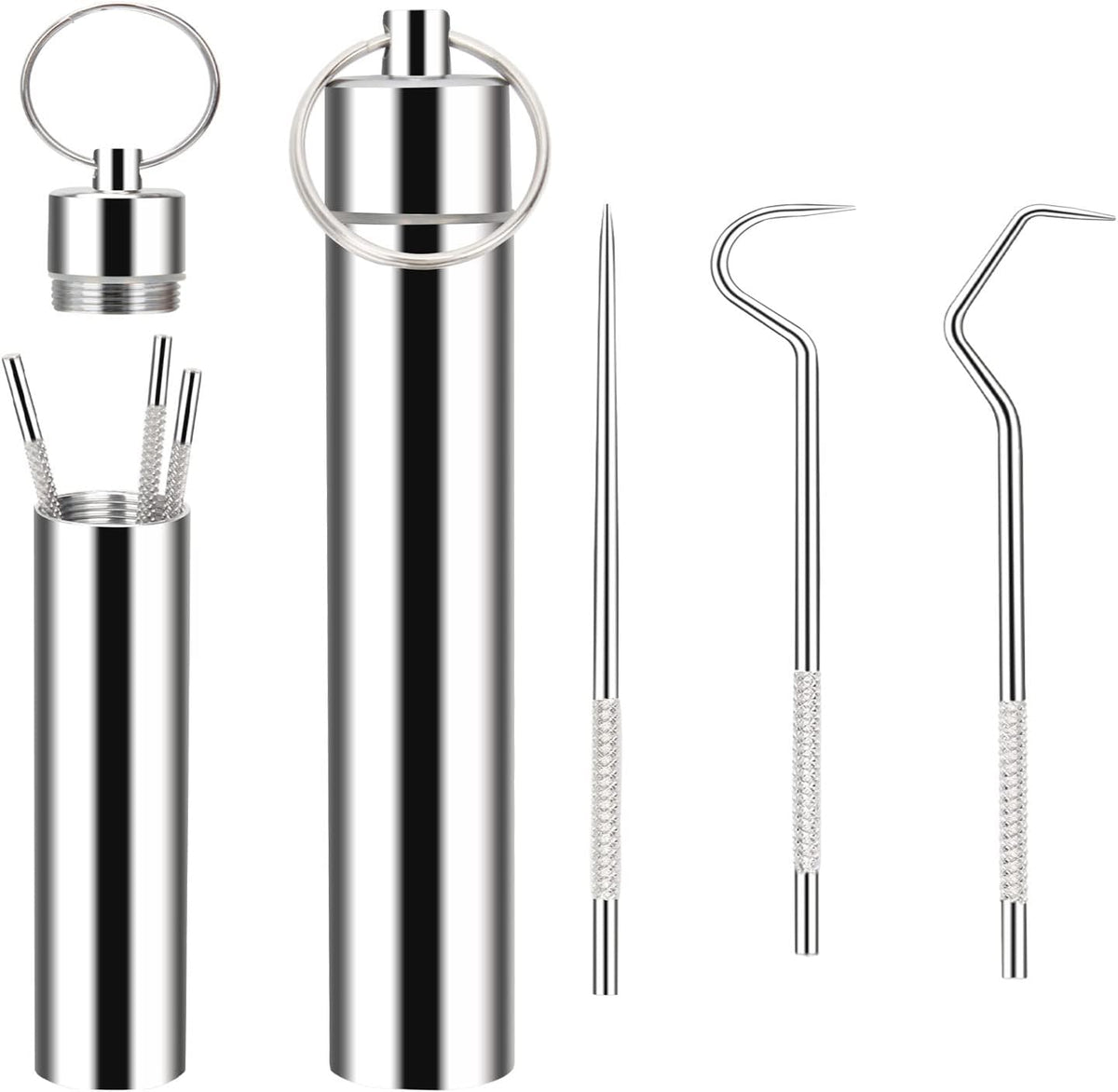 Anglecai Metal Toothpicks Kit front view showing silver keychain holder and three picks.