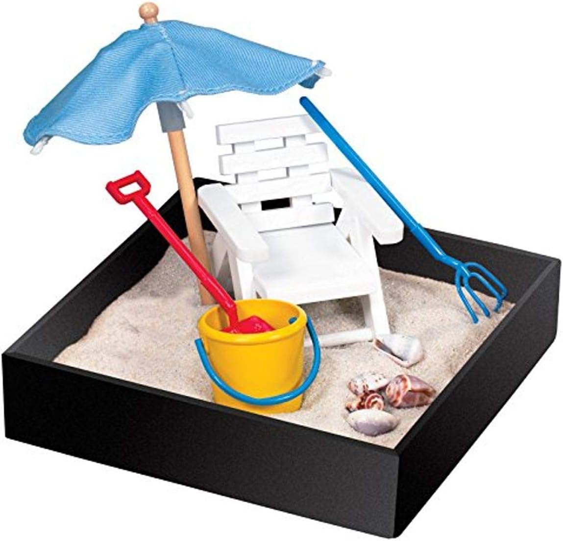 My Little Sandbox Executive Mini Sandbox Beach Break front view of desktop zen garden set with fine sand and blue umbrella.