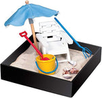 My Little Sandbox Executive Mini Sandbox Beach Break front view of desktop zen garden set with fine sand and blue umbrella.