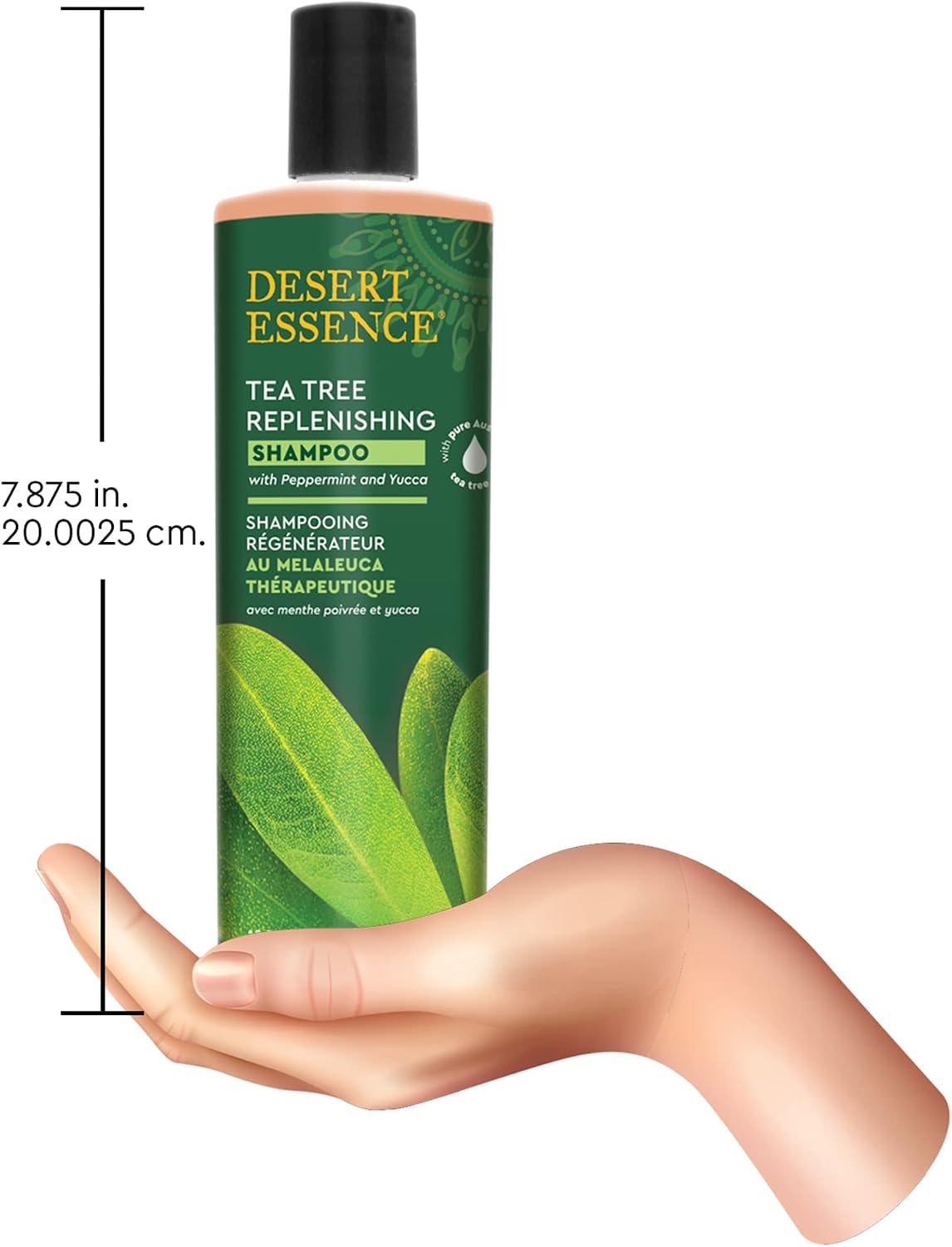 Desert Essence tea tree replenishing shampoo side profile view