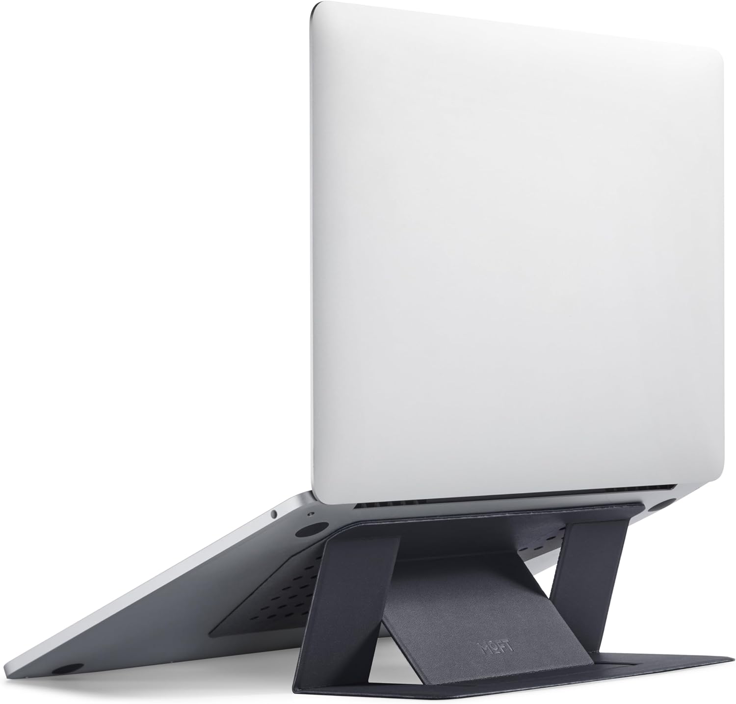 MOFT Adhesive Laptop Stand front view showing the sleek light black design attached to a laptop