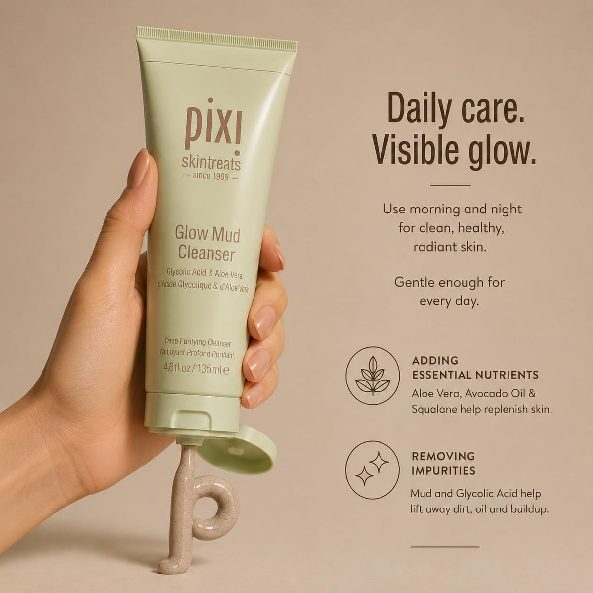 Pixi brightens and purifies facial cleanser back view showing ingredients