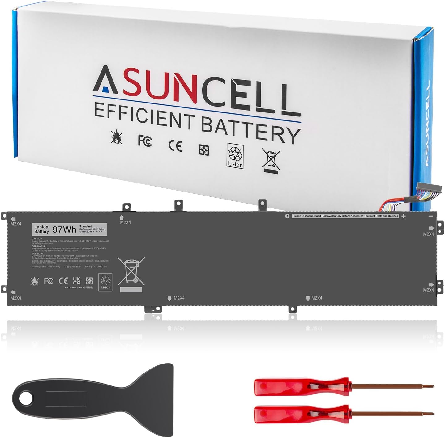 ASUNCELL 6GTPY 97WH laptop battery replacement front view showing internal connection cable and screw mount points.