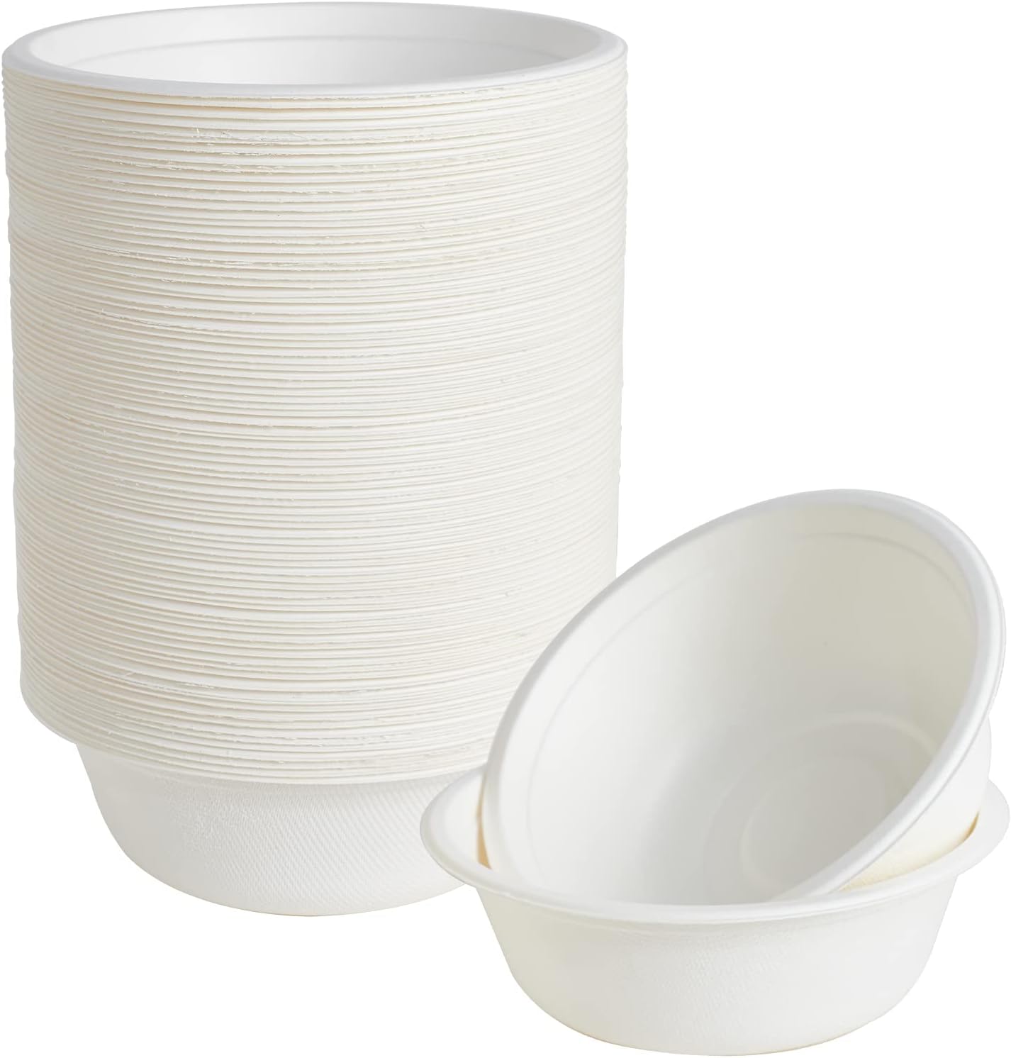 ECOLipak 150 Pack 12 Ounce Paper Bowls front view stack of eco-friendly compostable sugarcane bowls.