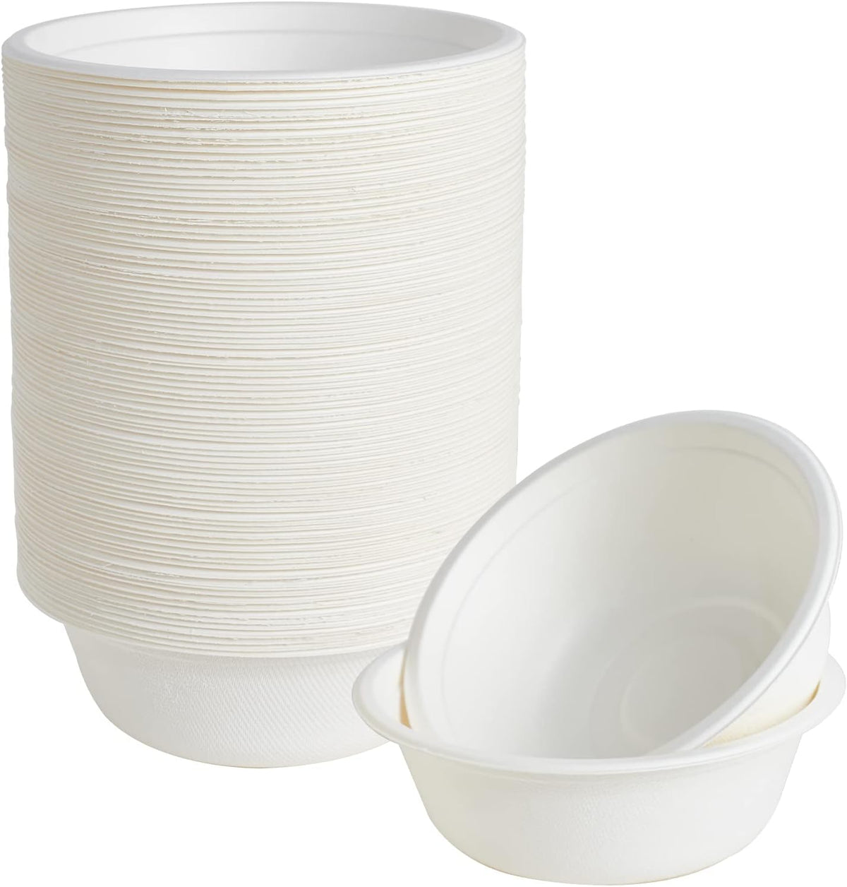 ECOLipak 150 Pack 12 Ounce Paper Bowls front view stack of eco-friendly compostable sugarcane bowls.