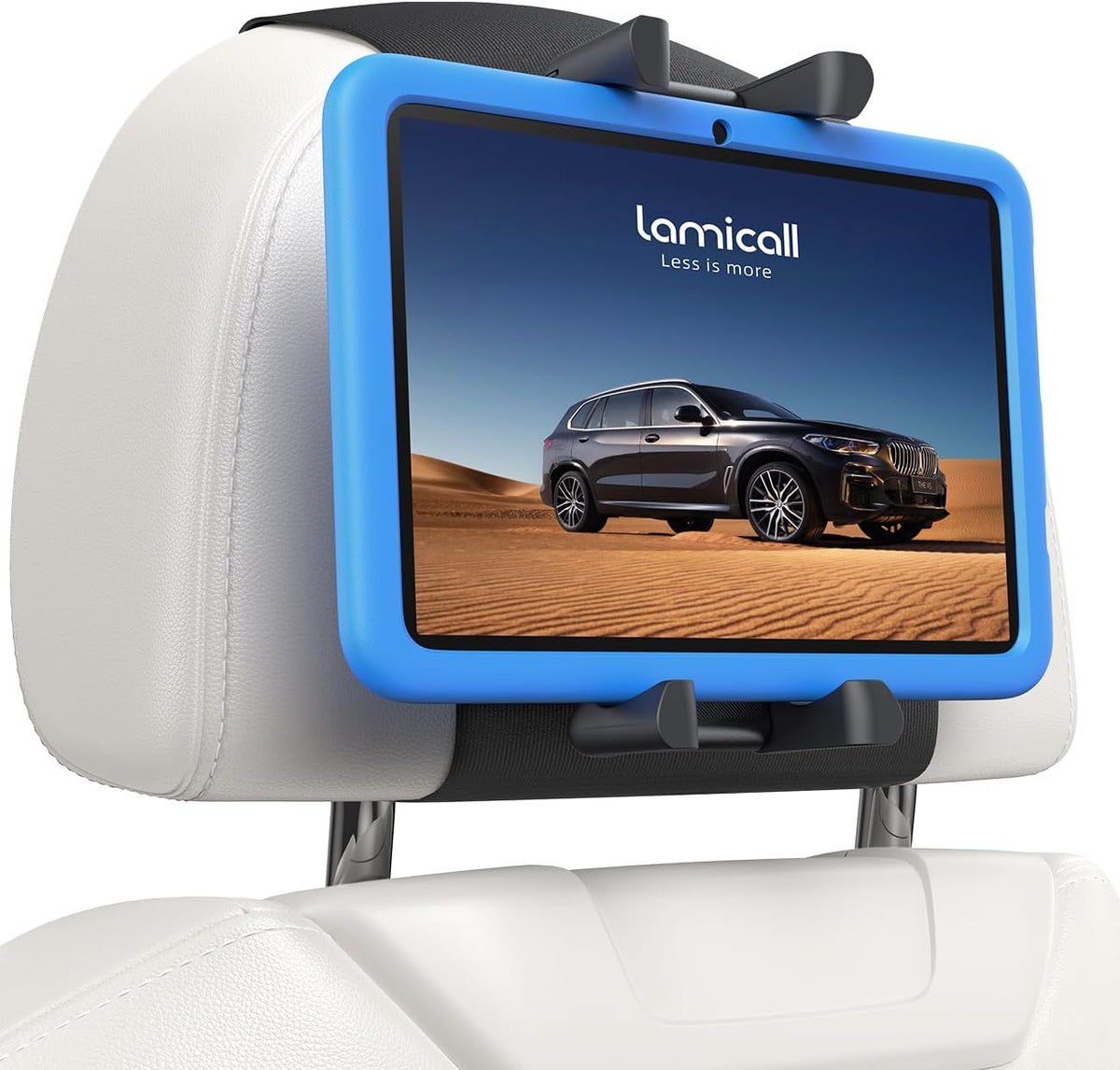 Lamicall tablet holder for car headrest front view showing blue silicone cradle holding a device.