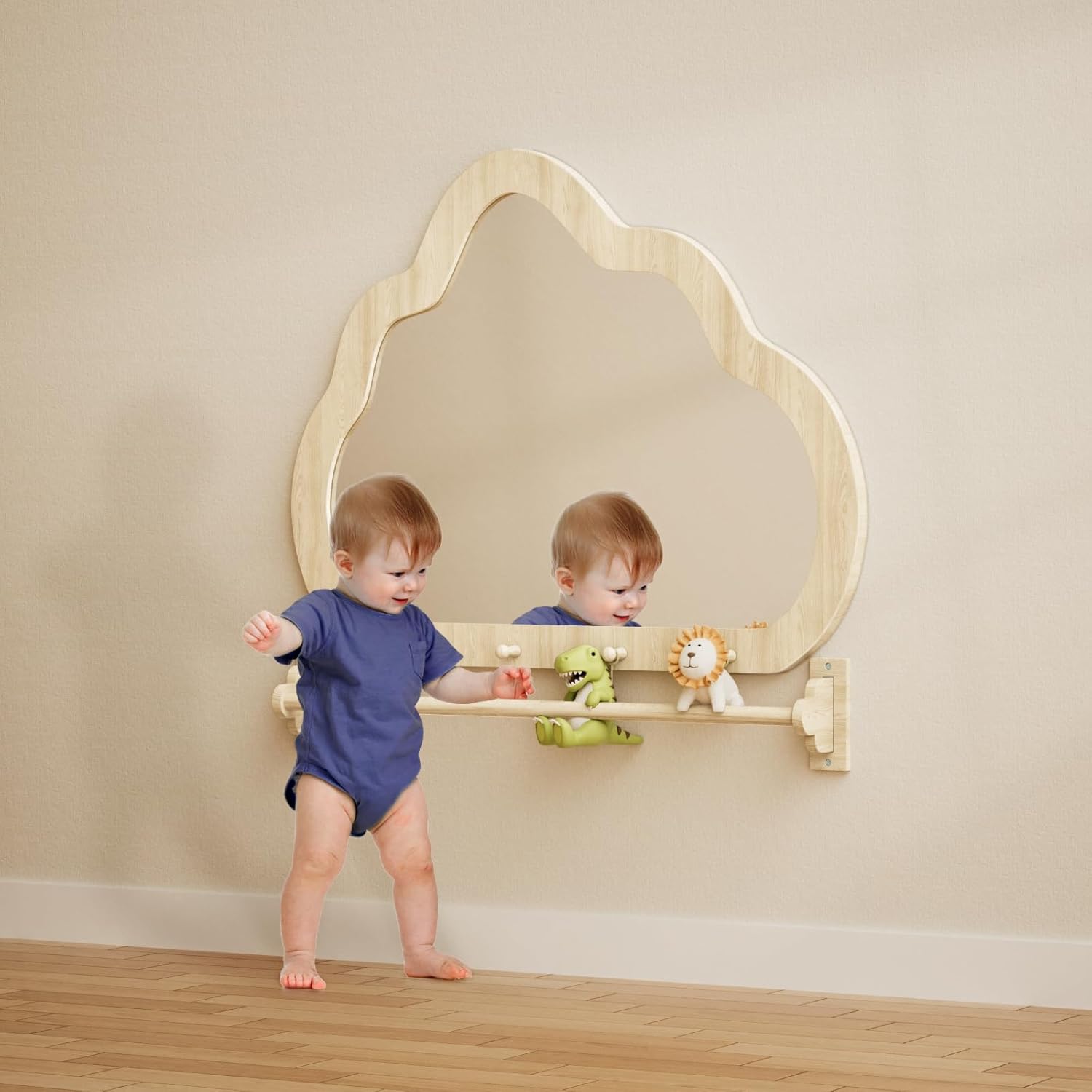 BZBRLZ Montessori mirror with bar front view mounted on a nursery wall for infant standing practice.