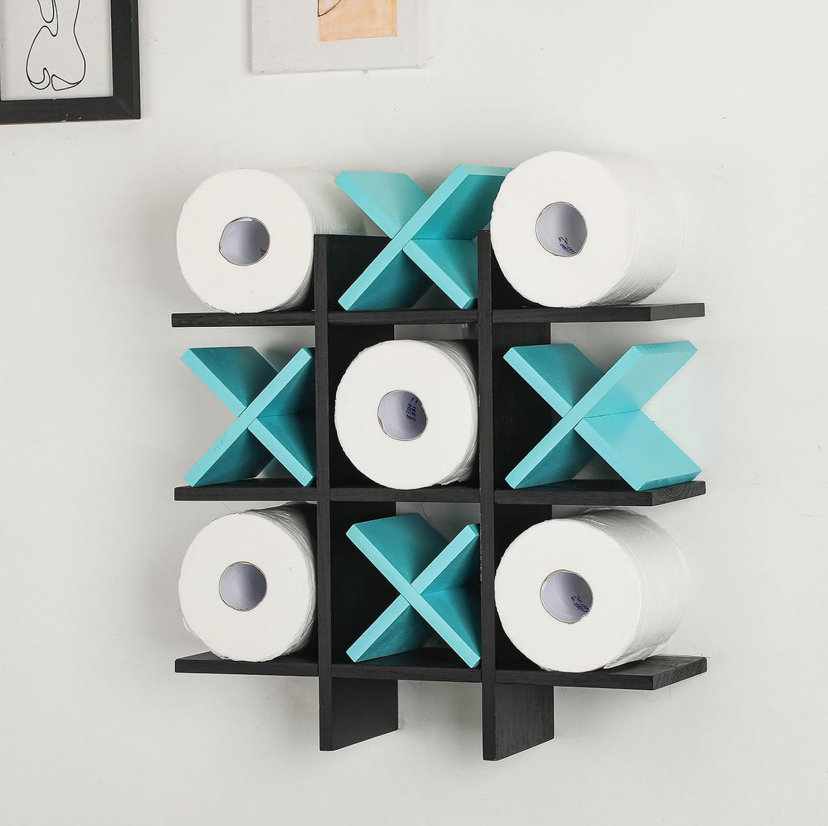 Weysat Tic Tac Toe Toilet Paper Holder Stand Bathroom Wall Decor Rustic Wooden Hanging Storage Freestanding Wall Mounted Shelves Decor for Toilet Tissue Farmhouse - Image 15