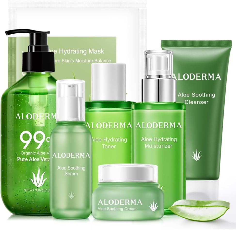 Aloderma Luxury Aloe Soothing Set front view of seven piece premium skincare collection.