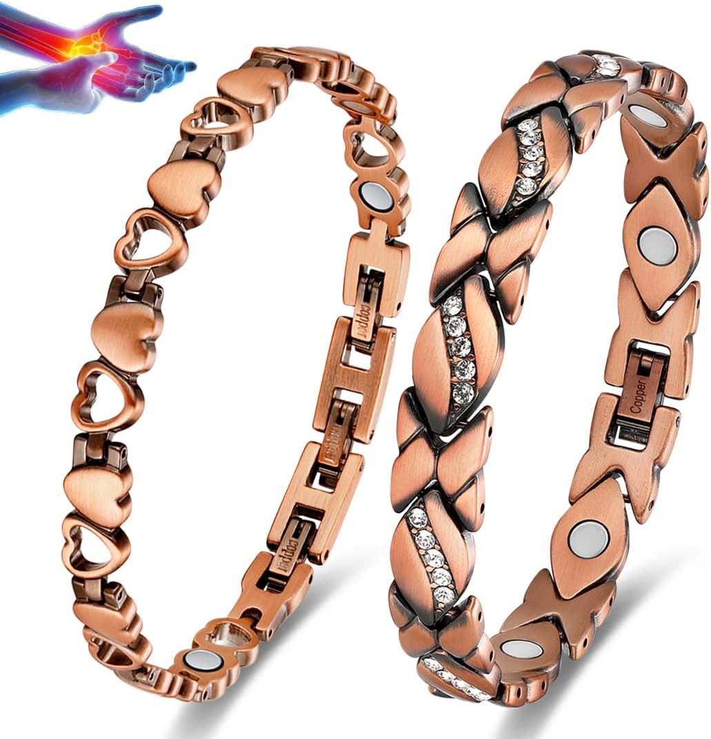 Vicmag Copper Magnetic Bracelet for Women Magnets Brazaletes 99.9% Solid Pure Copper Jewelry Gift for Her (Adjustable Size with Gift Box) (2PCS Love Heart) - Image 1