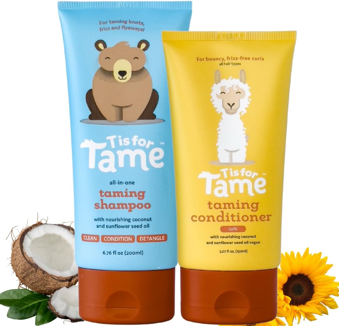 T is for Tame - Baby Shampoo & Conditioner for Curls Bundle – Plant-Based Tear-Free Hair Care Set for Babies, Toddlers & Kids – Frizz Control with Coconut Oil & Sunflower Seed Oils - 6.76 & 5.07 fl oz - Image 1