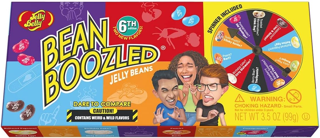 Top view of the three point five ounce Bean Boozled spinner candy package.