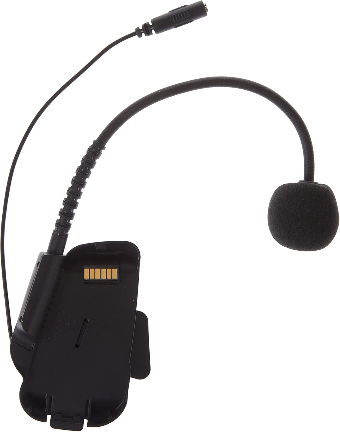 Cardo boom microphone cradle front view showing the mounting bracket and extra long hard boom mic assembly