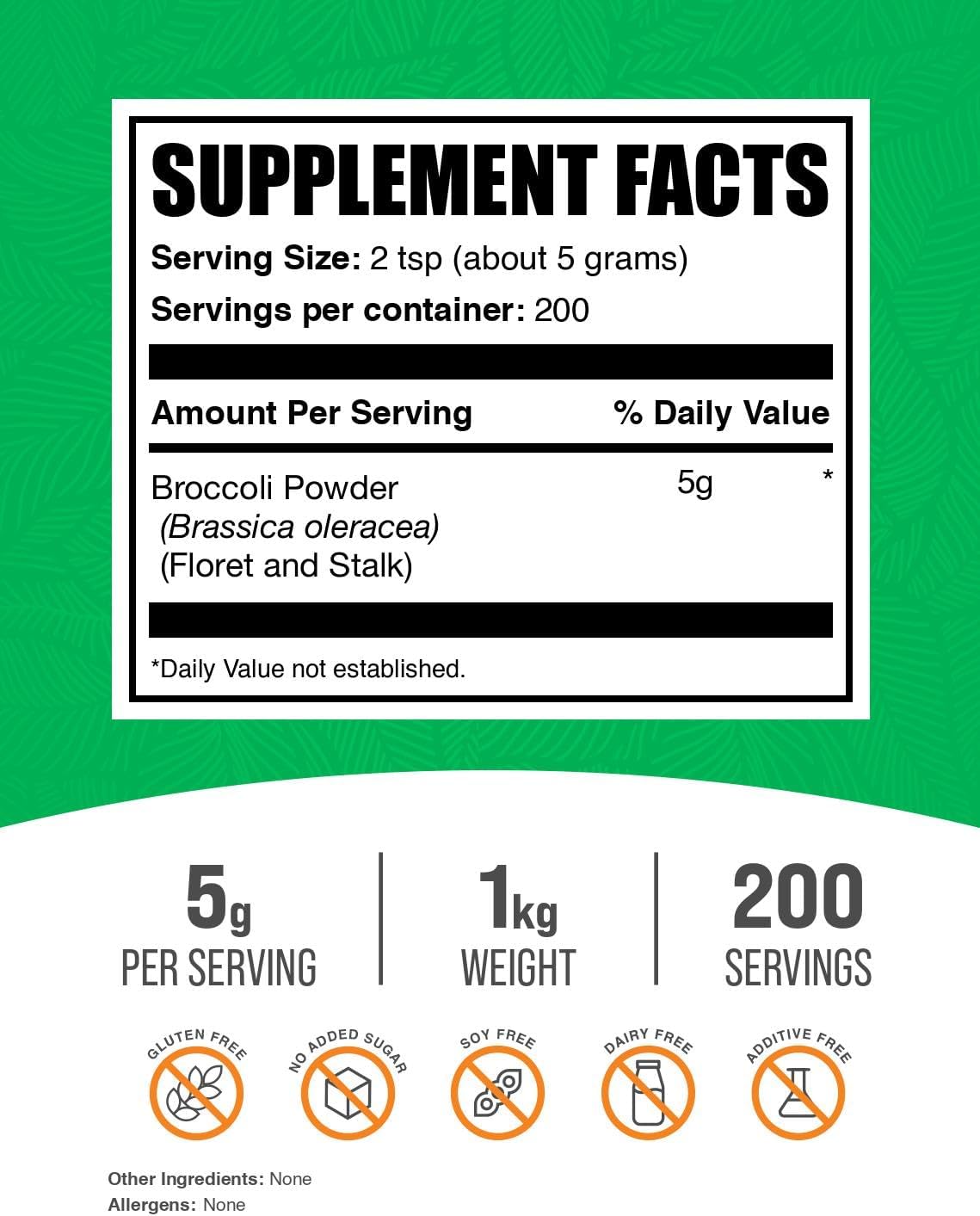BulkSupplements Broccoli Powder nutritional facts and serving size information label