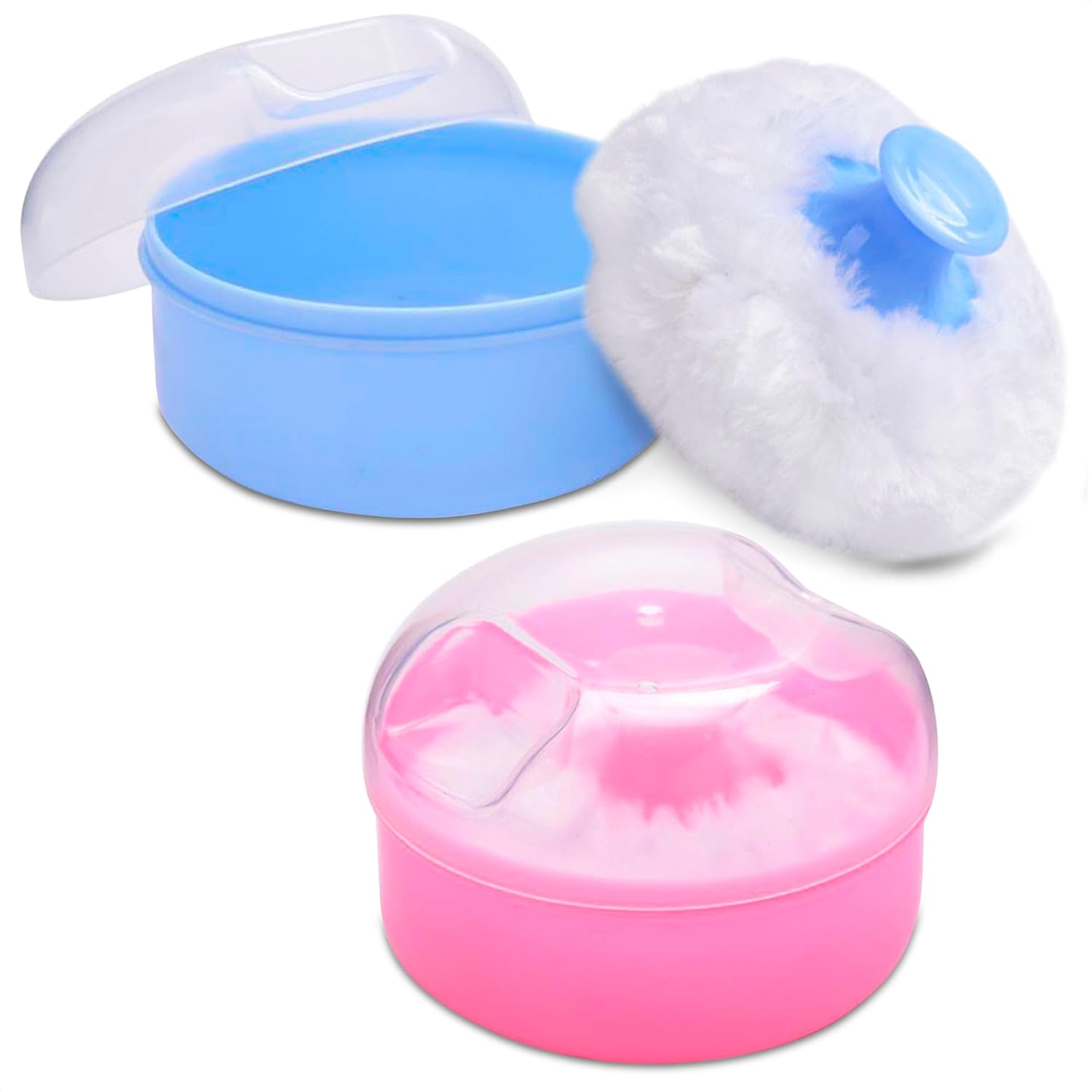 2Pcs Talcum Powder Puff and Container Brush with Holder – Dusting Powder Puff for Women Set, 3.6x2.45 Pink and Blue, Easy to Clean & Store, Gentle and Safe, Good for Travel and Quick Makeup - Image 1