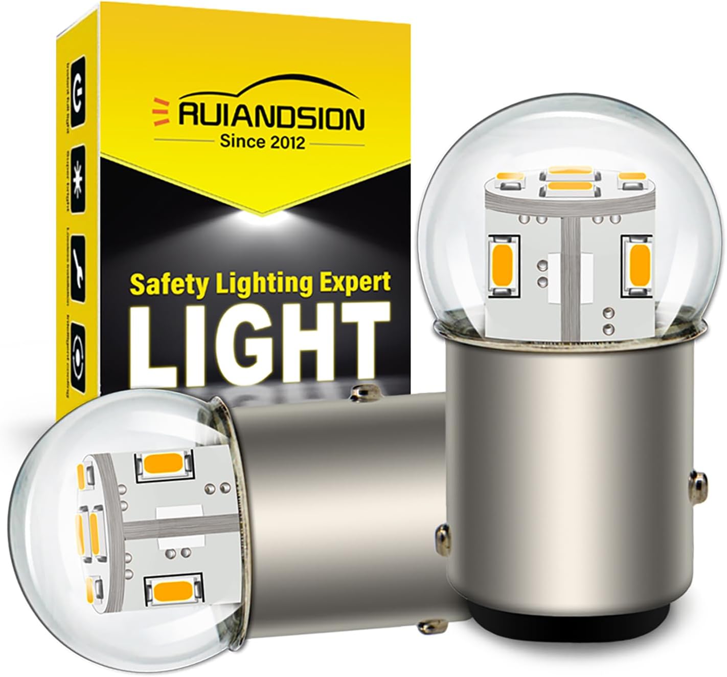 Ruiandsion 1157 LED Bulb 6V warm white dual contact automotive light front view.