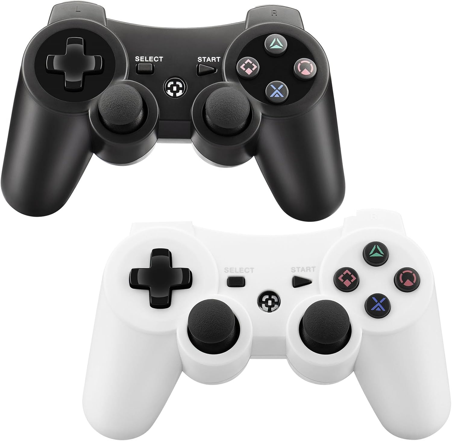 Enstixsm replacement wireless controllers for PlayStation 3 front view showing dual pack black and white design