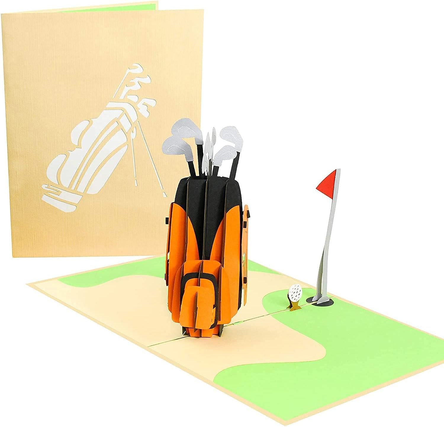 PopLife golf clubs 3d pop up card front view displaying intricate laser cut details.