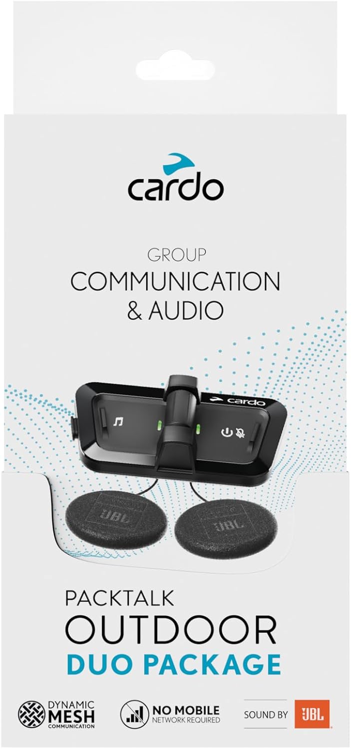 Cardo Packtalk Outdoor Helmet Communication System front view showing dual black wireless intercom units.
