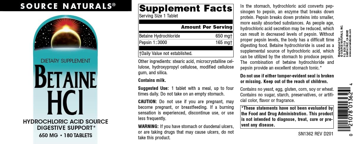 Source Naturals Betaine HCl packaging showing safety seal and cap