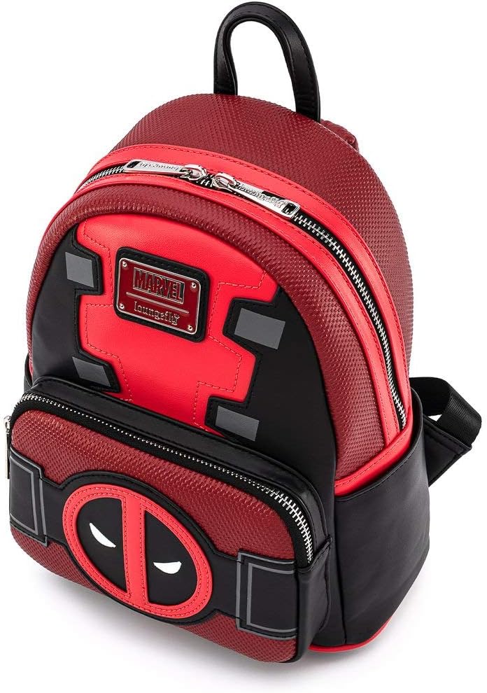 Loungefly Deadpool backpack rear view highlighting adjustable straps and branded hardware.