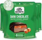 Close up of five snack sized dark chocolate bars by Little Secrets