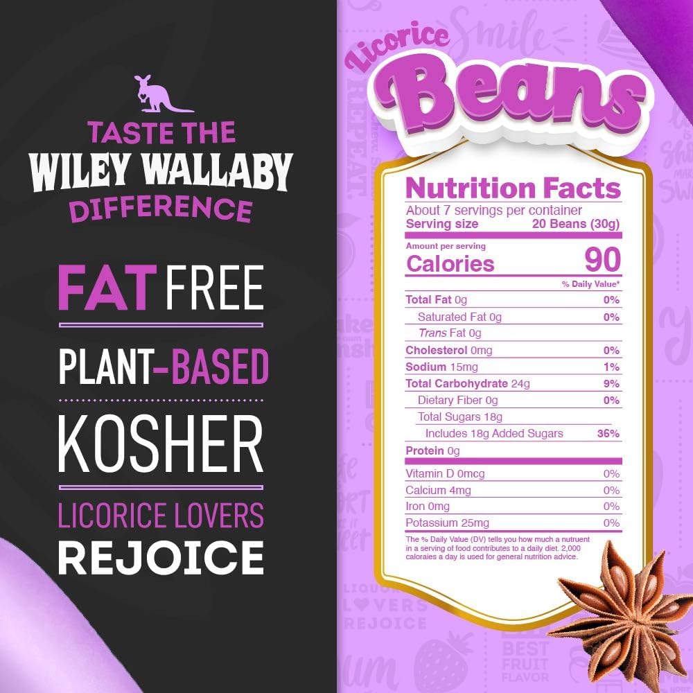 Close up of Wiley Wallaby black licorice beans with candy coating