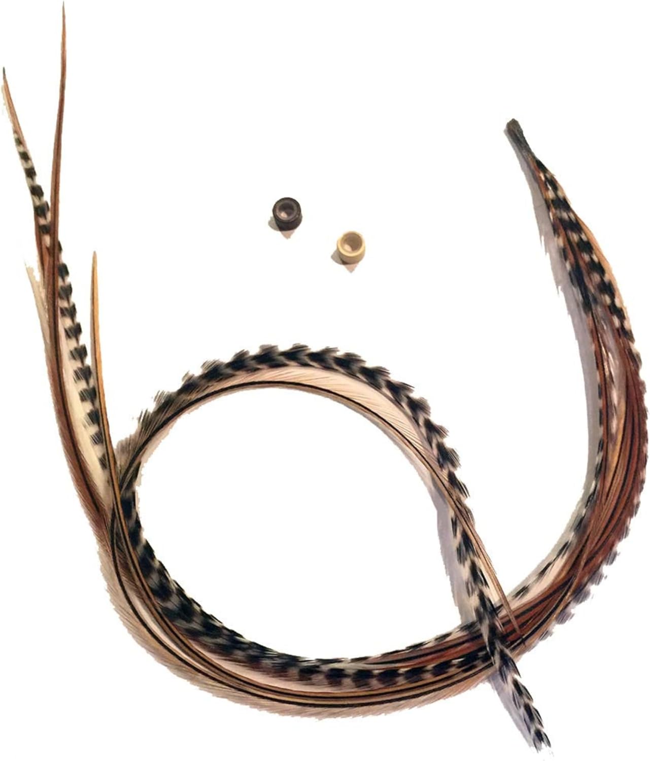 "Feather Hair Extensions in Grizzly/Ginger with Browns and Beige - Bonded Set of 5 Feathers - 5-7 Inches Long" - Image 1